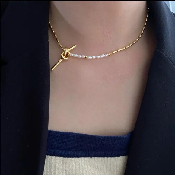 Gold Pearl Knots Chain Necklace, 18k Gold and 925 Sterling Silver - Picture 6 of 9